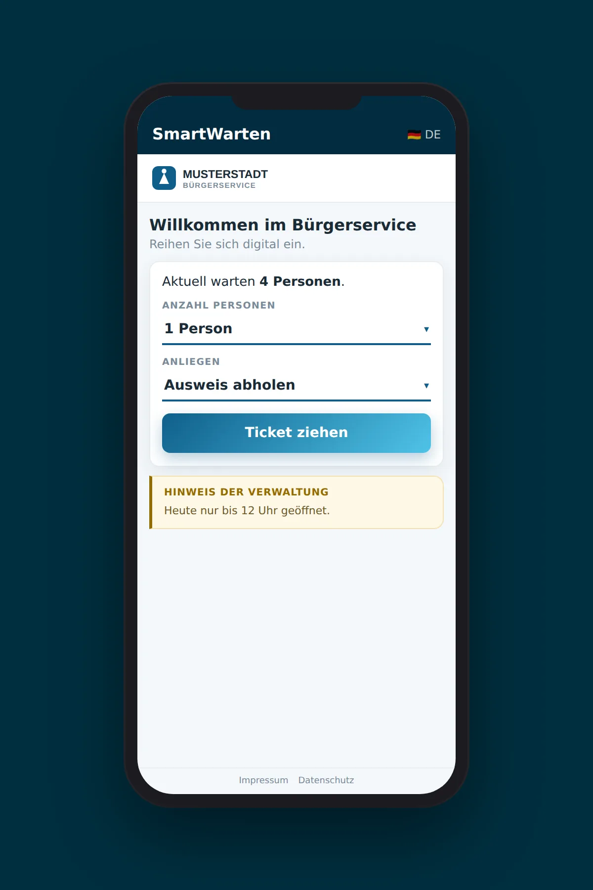 SmartWarten im Bürgerbüro: digitales Warteticket im Branding der Stadtverwaltung